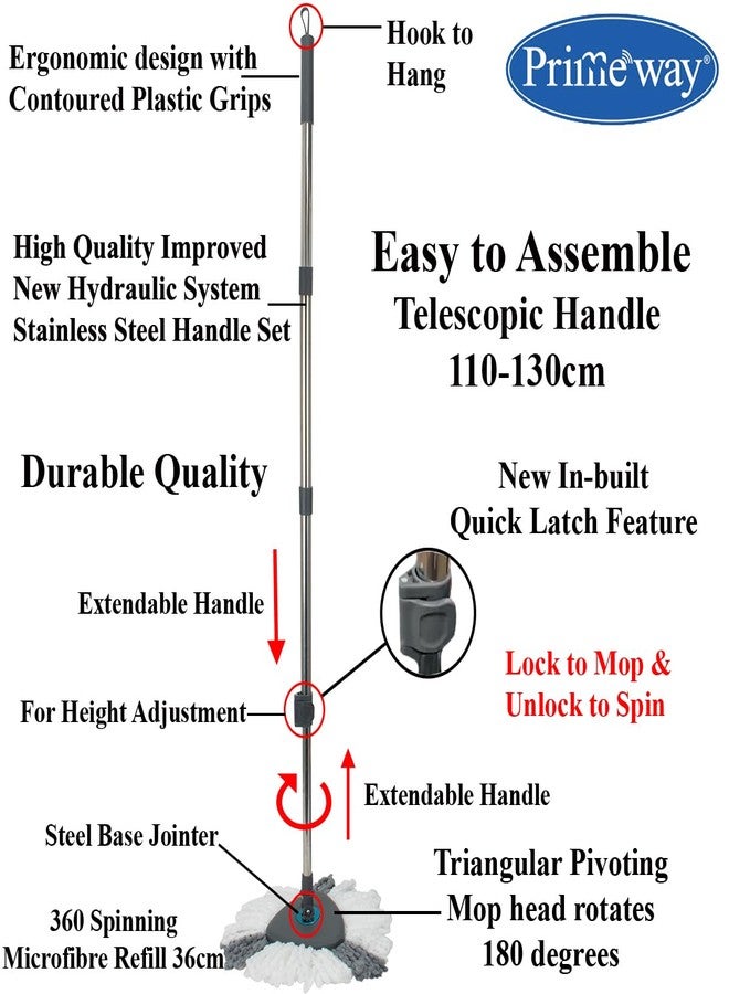 Primeway® SS New Heavy Duty Universal Rotating Replacement Extendable Handle Set | Upgrade to Triangular Head Refill Hydraulic Rod Set | Compatible with All Spin Mops | 36cm White | Grey - Image 2